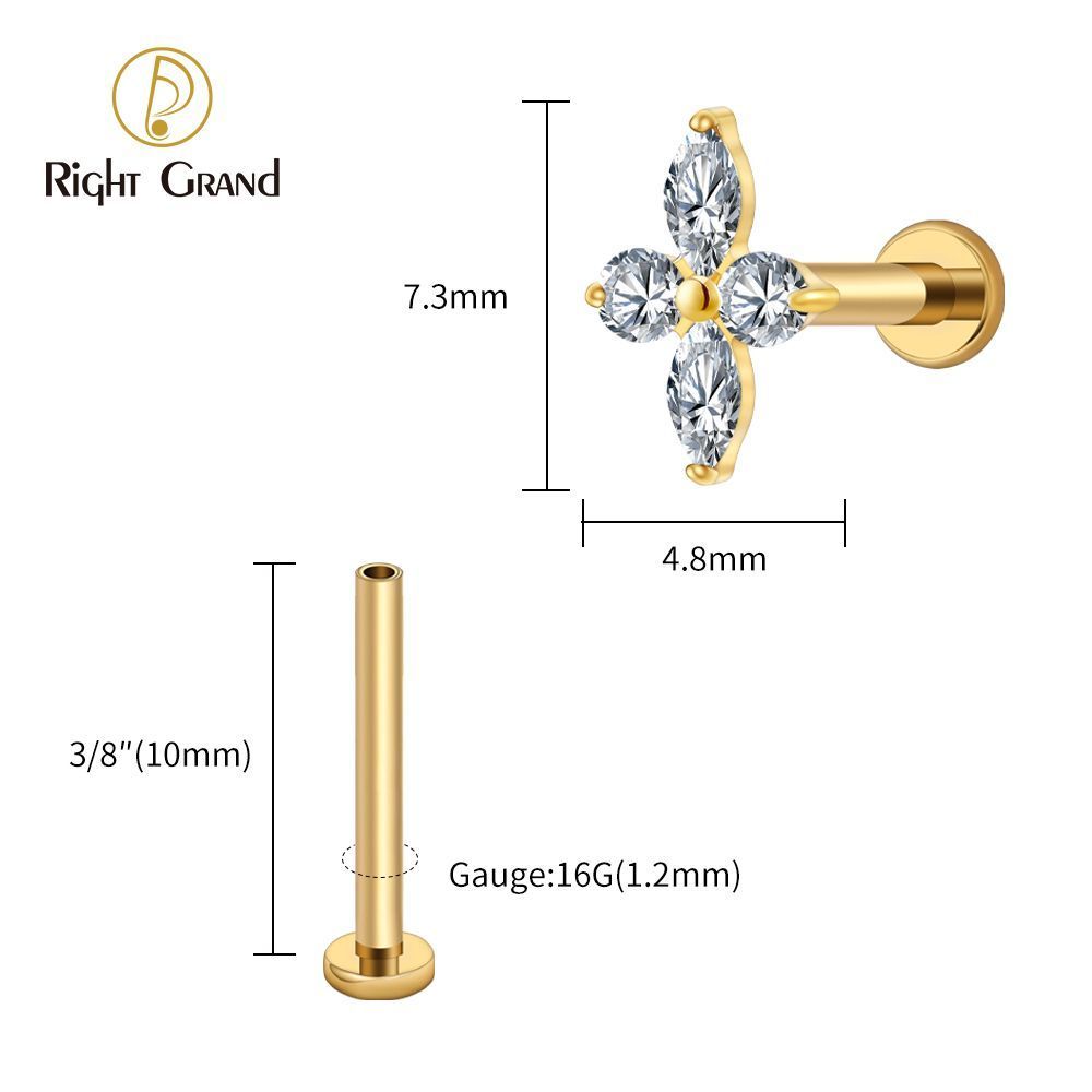 Right Grand Titanium 16G/18G Threadless Push Pin Prong Set CZ Flower Marquise Stud Earring Tragus Helix Cartilage Piercing