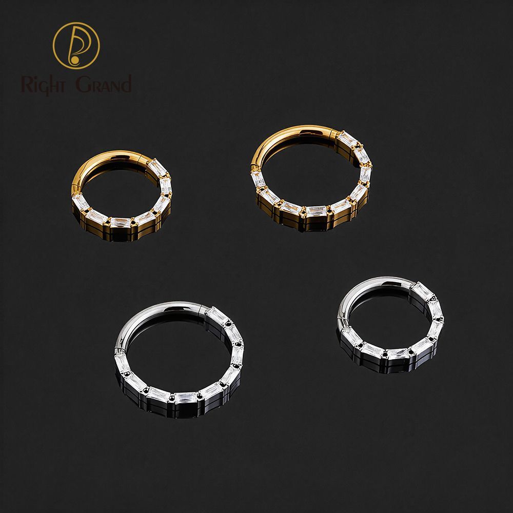 Right Grand Titanium Square CZ Surround Hinged Septum Clicker Nose Ring 16G Daith Helix Hoop Earring Piercing Jewelry