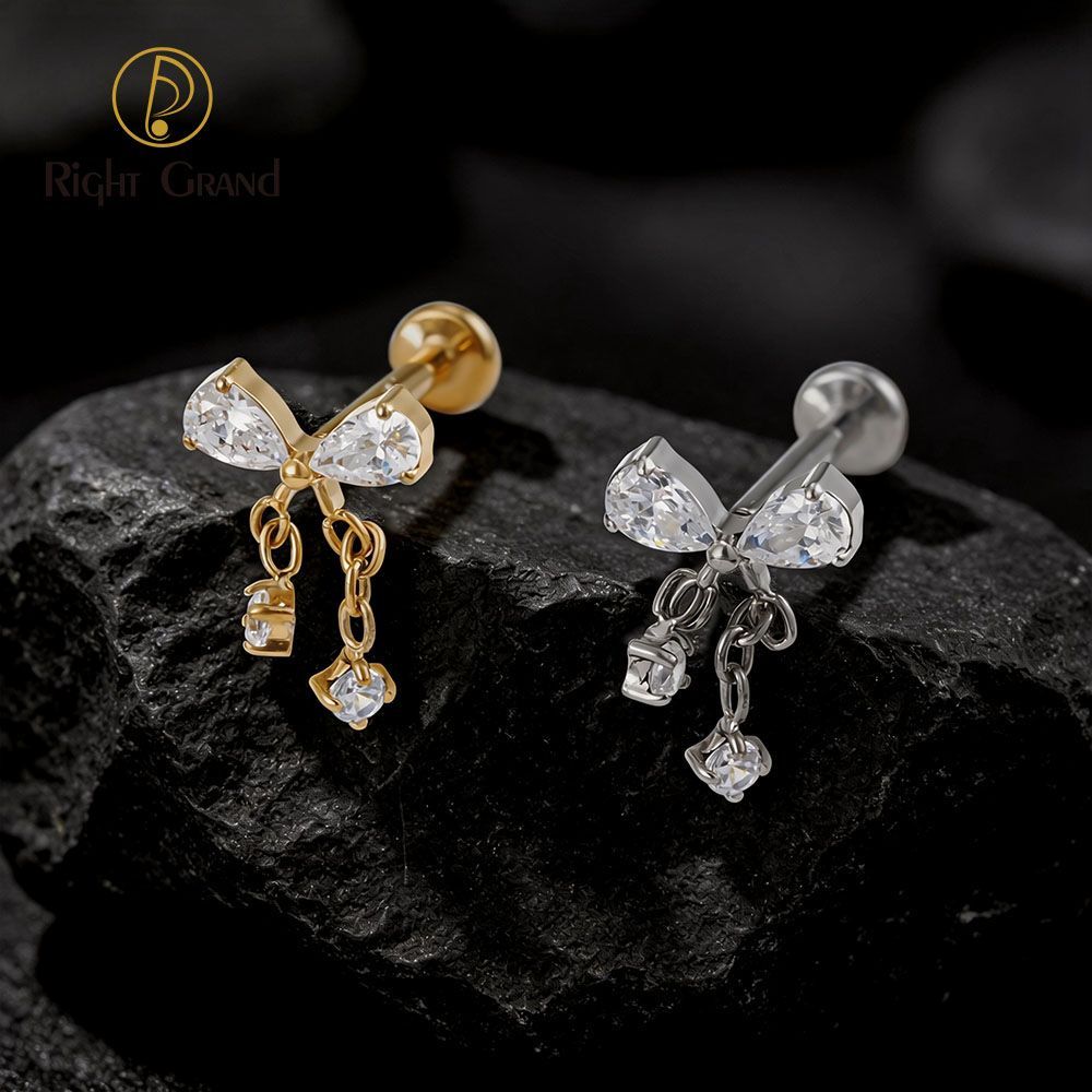Right Grand Titanium 16G/18G Threadless Push Pin Bowknot CZ Dangle Chain Labret Ring 16G Flat Back Cartilage Stud Earring Conch Helix Lip Piercing Jewelry
