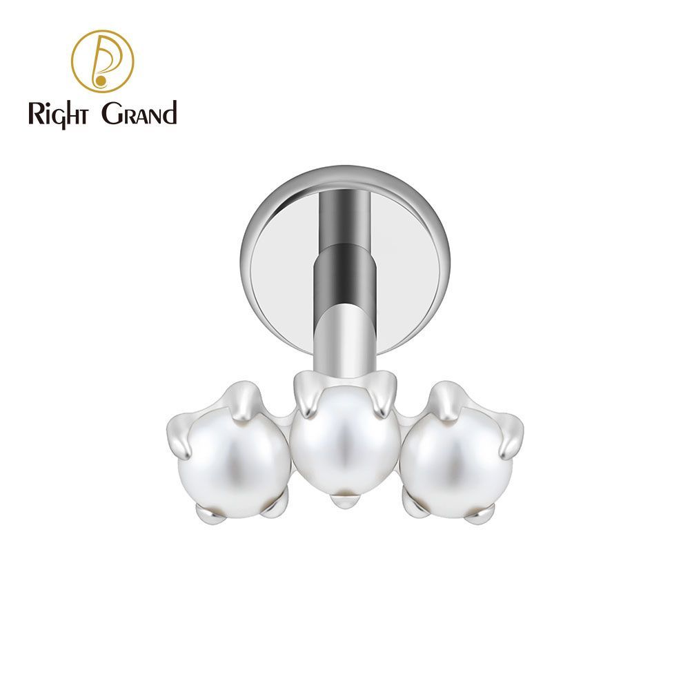 Right Grand Titanium Internal Thread Triple Tiny Pearl Labret Ring 16G Flat Back Cartilage Stud Earring Conch Helix Lip Piercing Jewelry