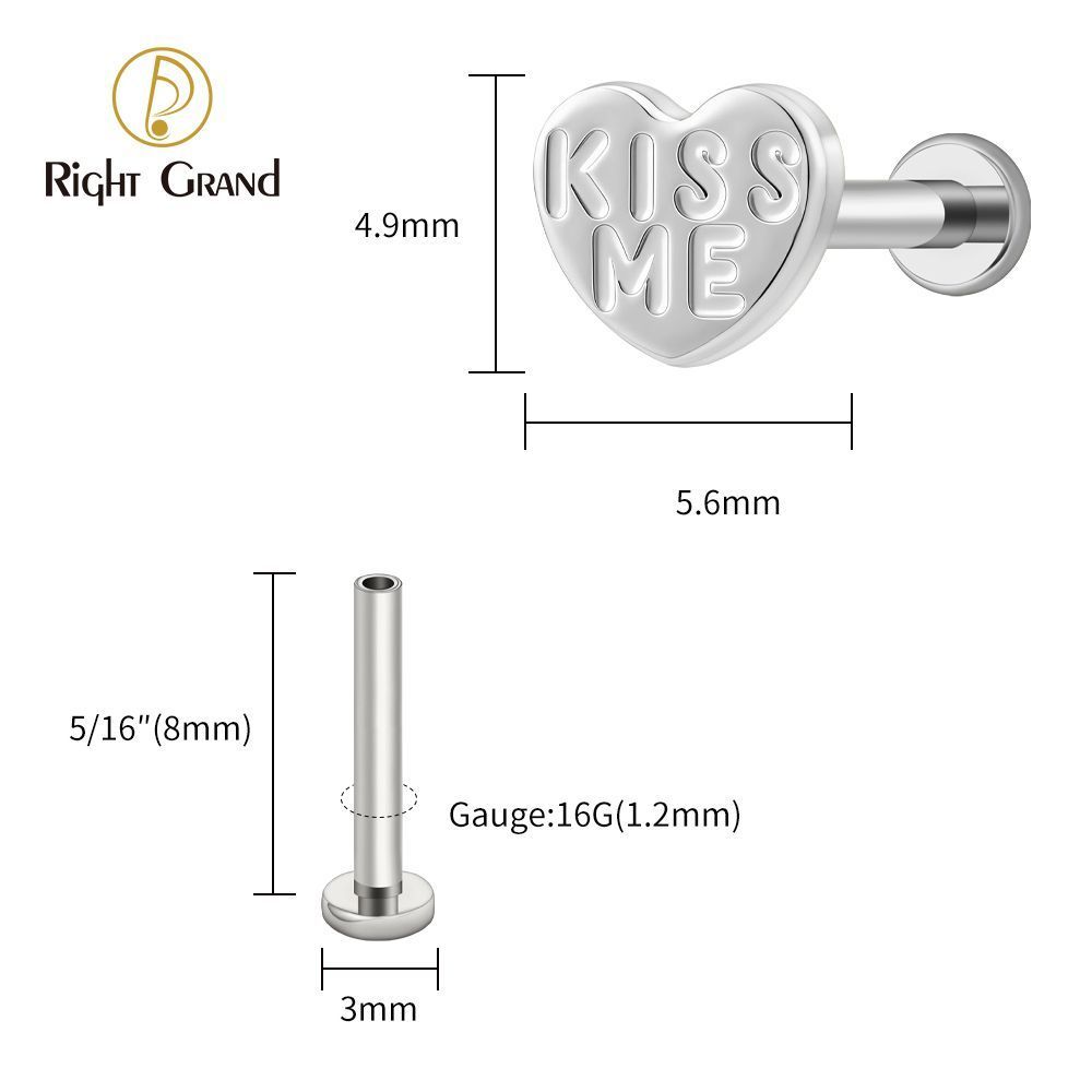 Right Grand Titanium 16G/18G Threadless Push Pin Heart Letter KISS ME Labret Ring 16G Flat Back Cartilage Stud Earring Conch Helix Lip Piercing Jewelry