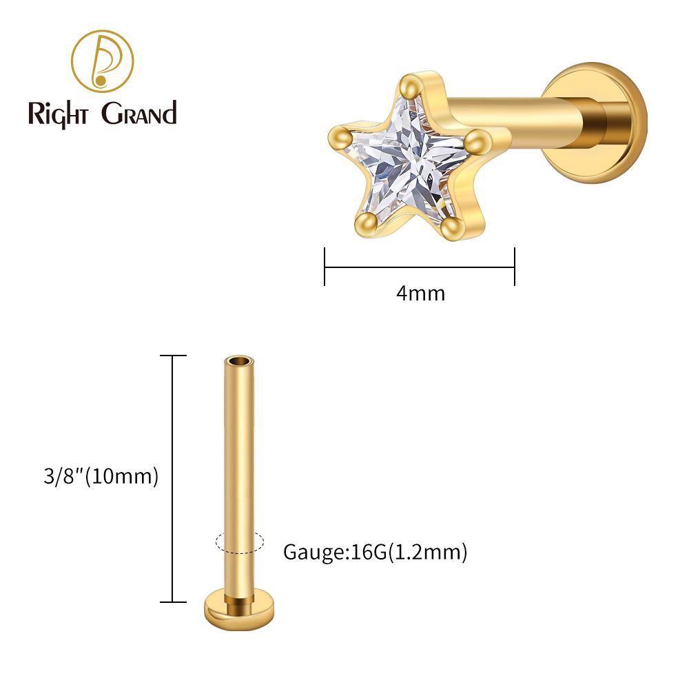 Right Grand Titanium 16G/18G Threadless Push Pin Star CZ Flat Back Stud Earring 16G Helix Tragus Cartilage Lip Piercing