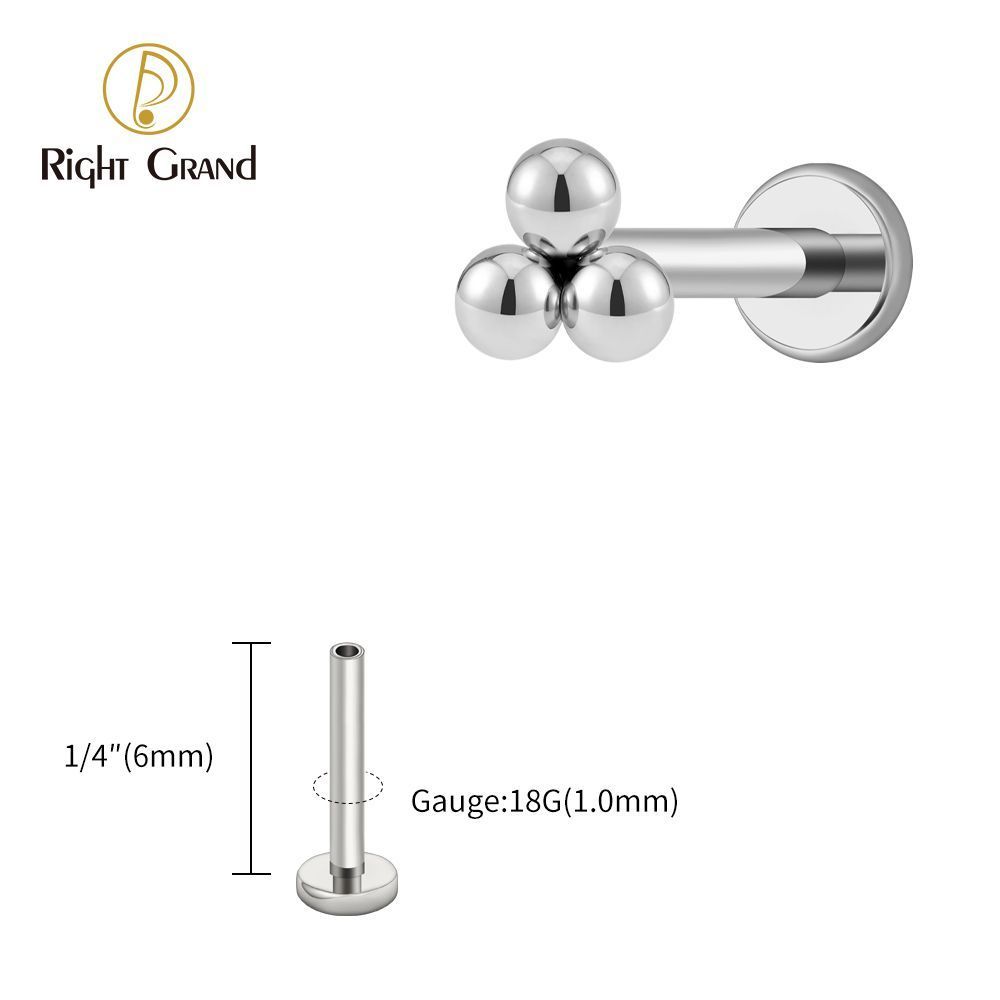 Right Grand Titanium 18G/16G Threadless Push Pin Labret Stud Trinity Beads Tragus Piercing Labret Studs