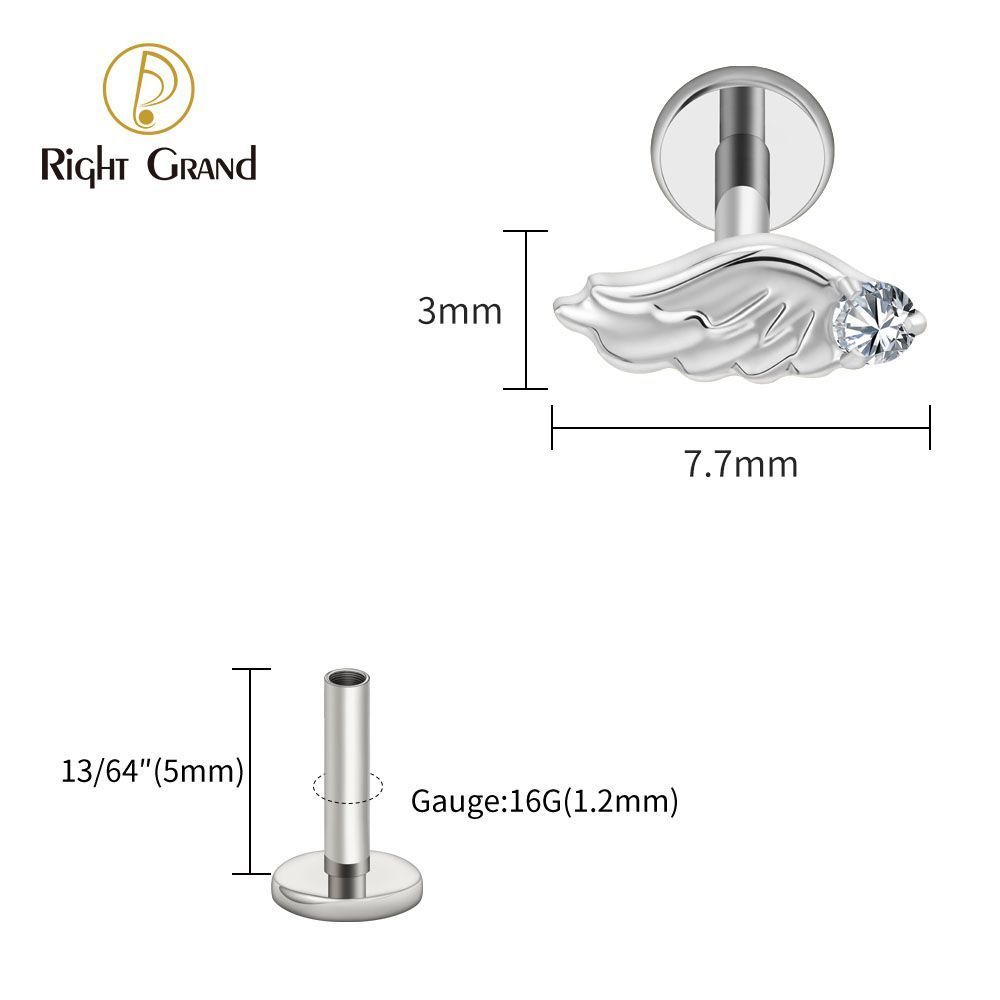 Right Grand Titanium Internal Thread CZ Wing Labret Ring 16G Flat Back Cartilage Stud Earring Conch Helix Lip Piercing Jewelry