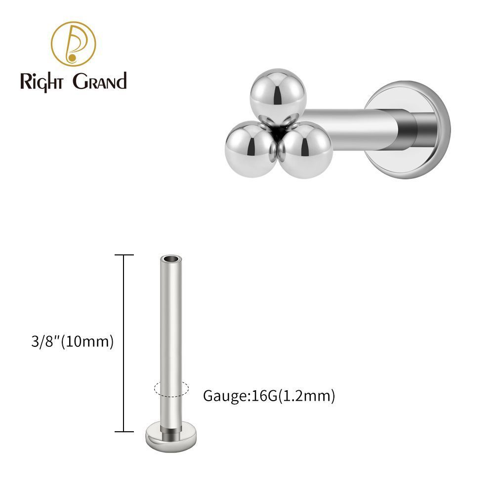 Right Grand Titanium 18G/16G Threadless Push Pin Labret Stud Trinity Beads Tragus Piercing Labret Studs