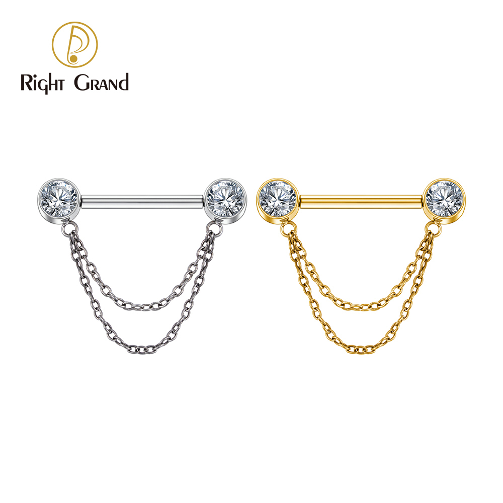 Right Grand ASTM F136 Titanium Double Chain Dangle Sparkle CZ Threadless Nipple Ring 14 Gauge Barbell Piercing
