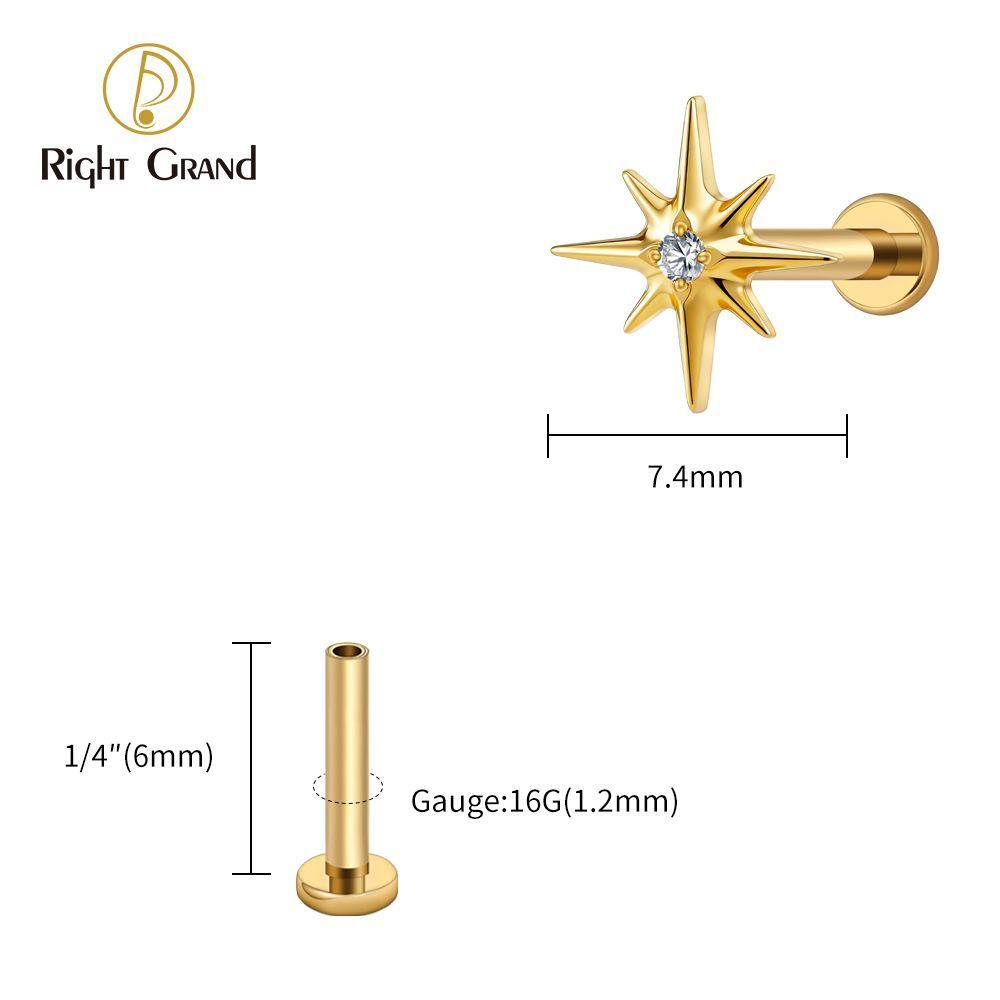 Right Grand Titanium 16G/18G Threadless Push Pin Sparkling CZ North Star Stud Earring Labret Cartilage Tragus Helix Conch Lobe Piercing