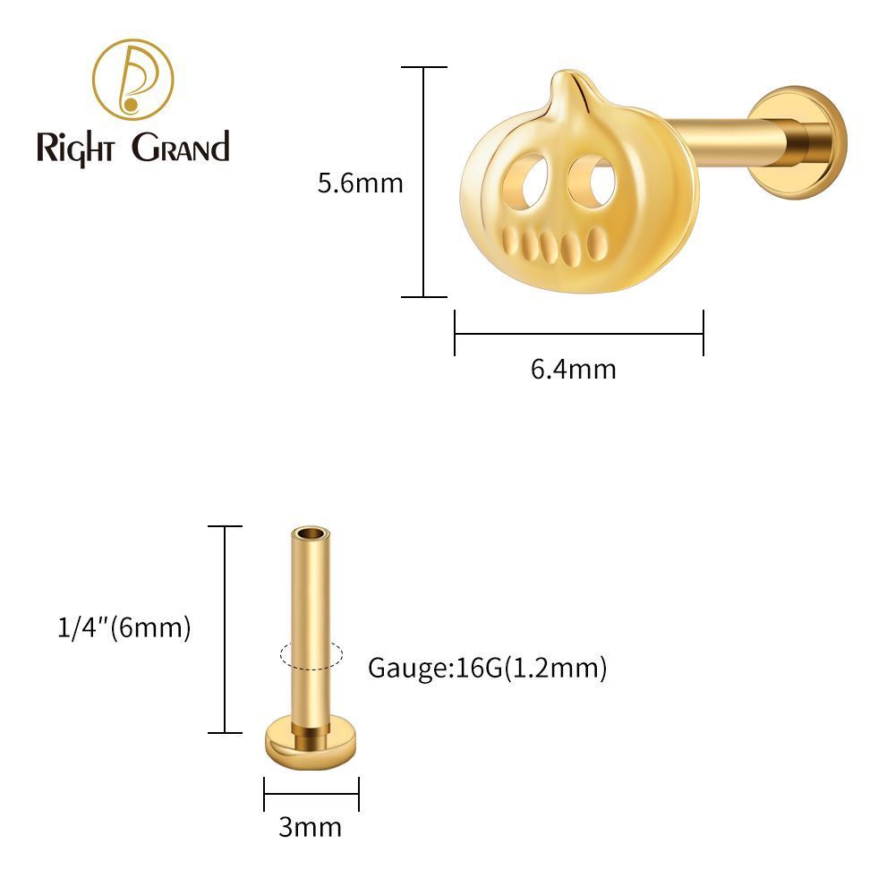 Right Grand Titanium 16G/18G Threadless Push Pin Halloween Pumpkin Ghost Punk Labret Ring 16G Flat Back Cartilage Stud Earring Conch Helix Lip Piercing Jewelry
