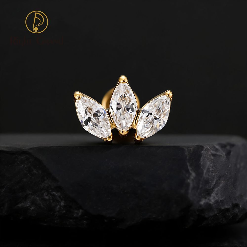 Right Grand Titanium 16G/18G Threadless Push Pin Triple Marquise CZ Stud Earring 16G Trinity Lotus Opal Cluster Cartilage Helix Tragus Piercing