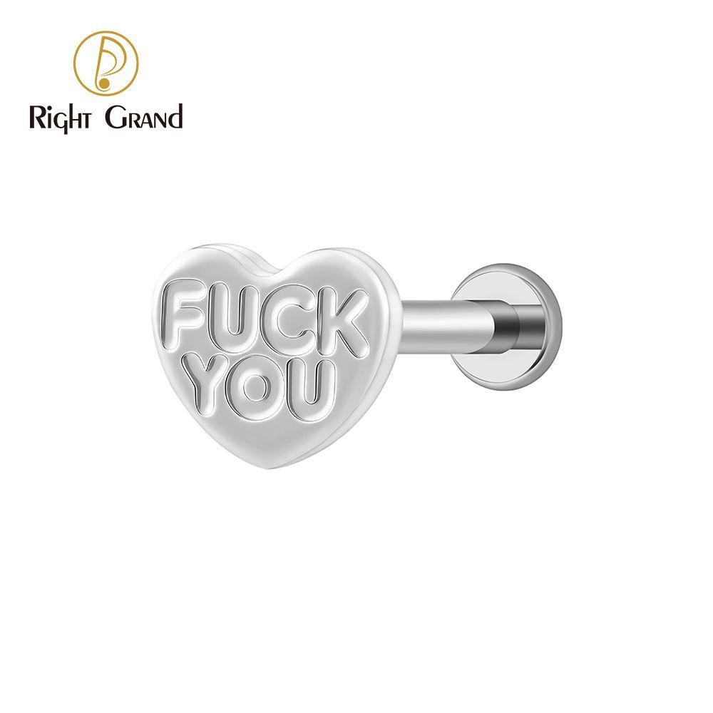 Right Grand Titanium 16G/18G Threadless Push Pin Heart Letter F**K YOU Labret Ring 16G Flat Back Cartilage Stud Earring Conch Helix Lip Piercing Jewelry