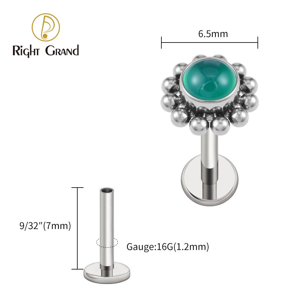 Right Grand ASTM F136 Titanium 16G Flower Labret Stud Earring with Natural Stone Helix Cartilage Tragus Conch Piercing