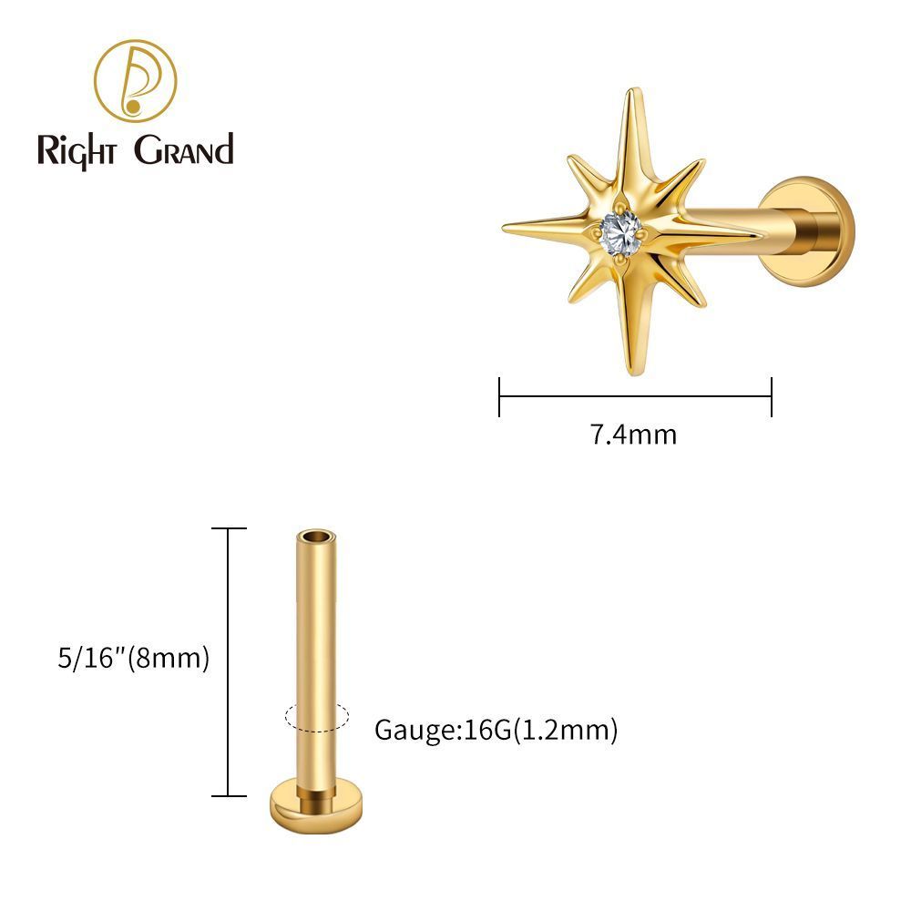 Right Grand Titanium 16G/18G Threadless Push Pin Sparkling CZ North Star Stud Earring Labret Cartilage Tragus Helix Conch Lobe Piercing