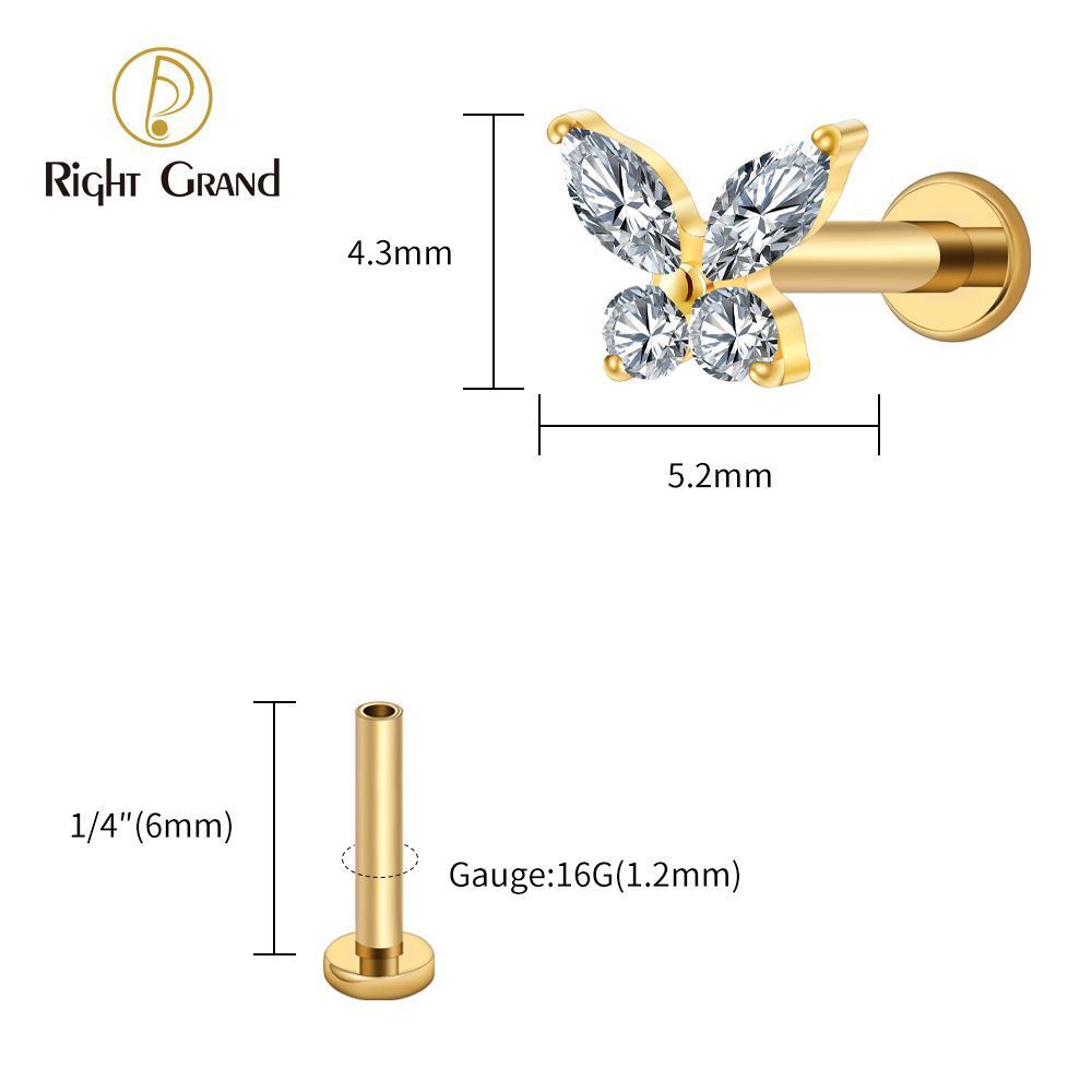 Right Grand Titanium 16G/18G Threadless Push Pin Butterfly CZ Labret Tragus Cartilage Conch Forward Helix Stud Nose Piercing