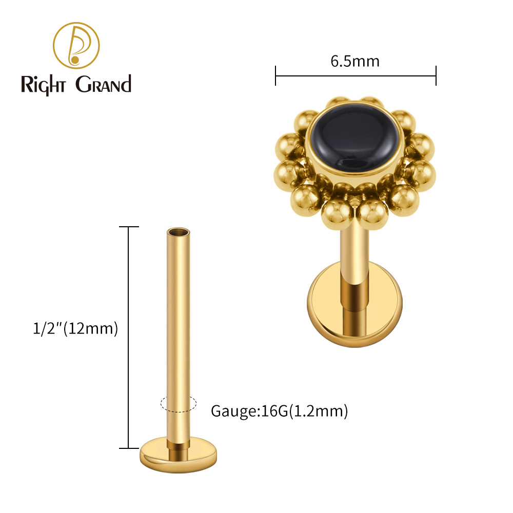Right Grand ASTM F136 Titanium 16G Flower Labret Stud Earring with Natural Stone Helix Cartilage Tragus Conch Piercing