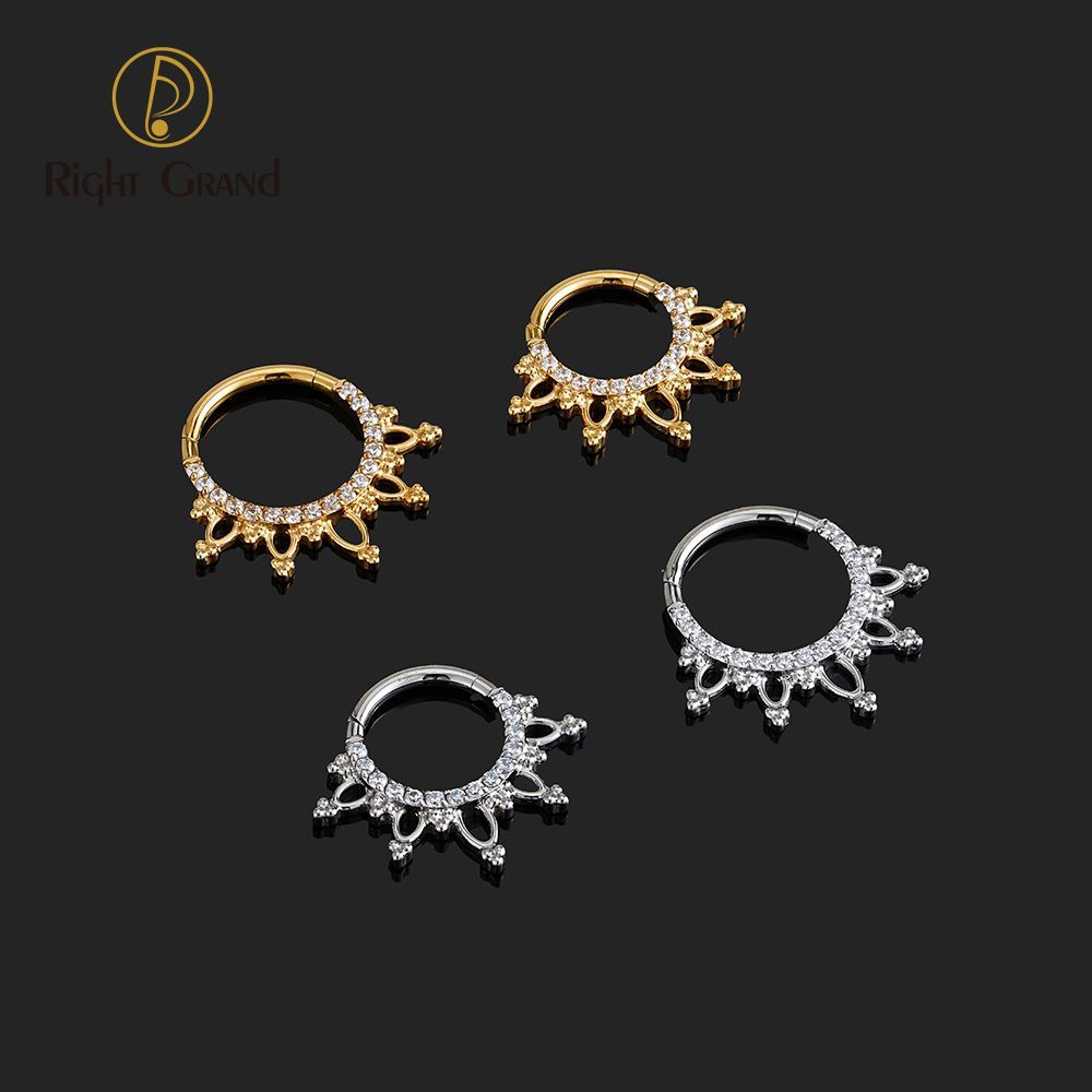 Right Grand Titanium 16G CZ Beads Sparkling Hinged Clicker Segment Hoop Ring Daith Earring Septem Nose Piercing