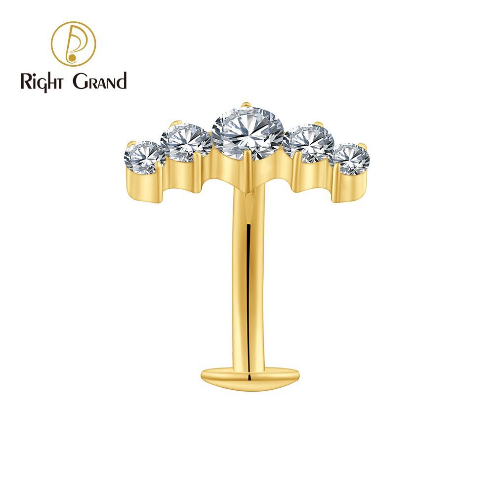 Right Grand Titanium CZ 5 CZ Belly Button Ring 14G Threadless Push Pin Navel Curved Barbell Piercing Jewelry