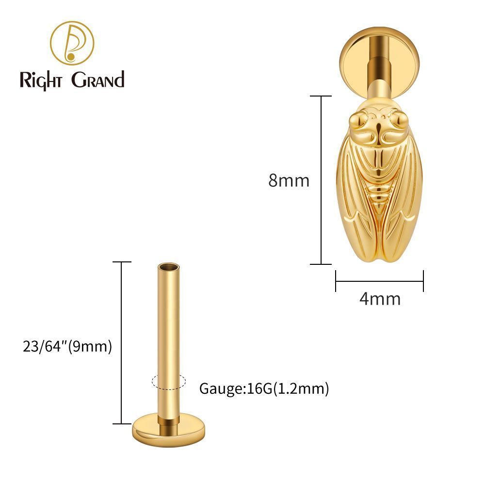 Right Grand Titanium Internal Thread Summer Cicada Labret Ring 16G Flat Back Cartilage Stud Earring Conch Helix Lip Piercing Jewelry