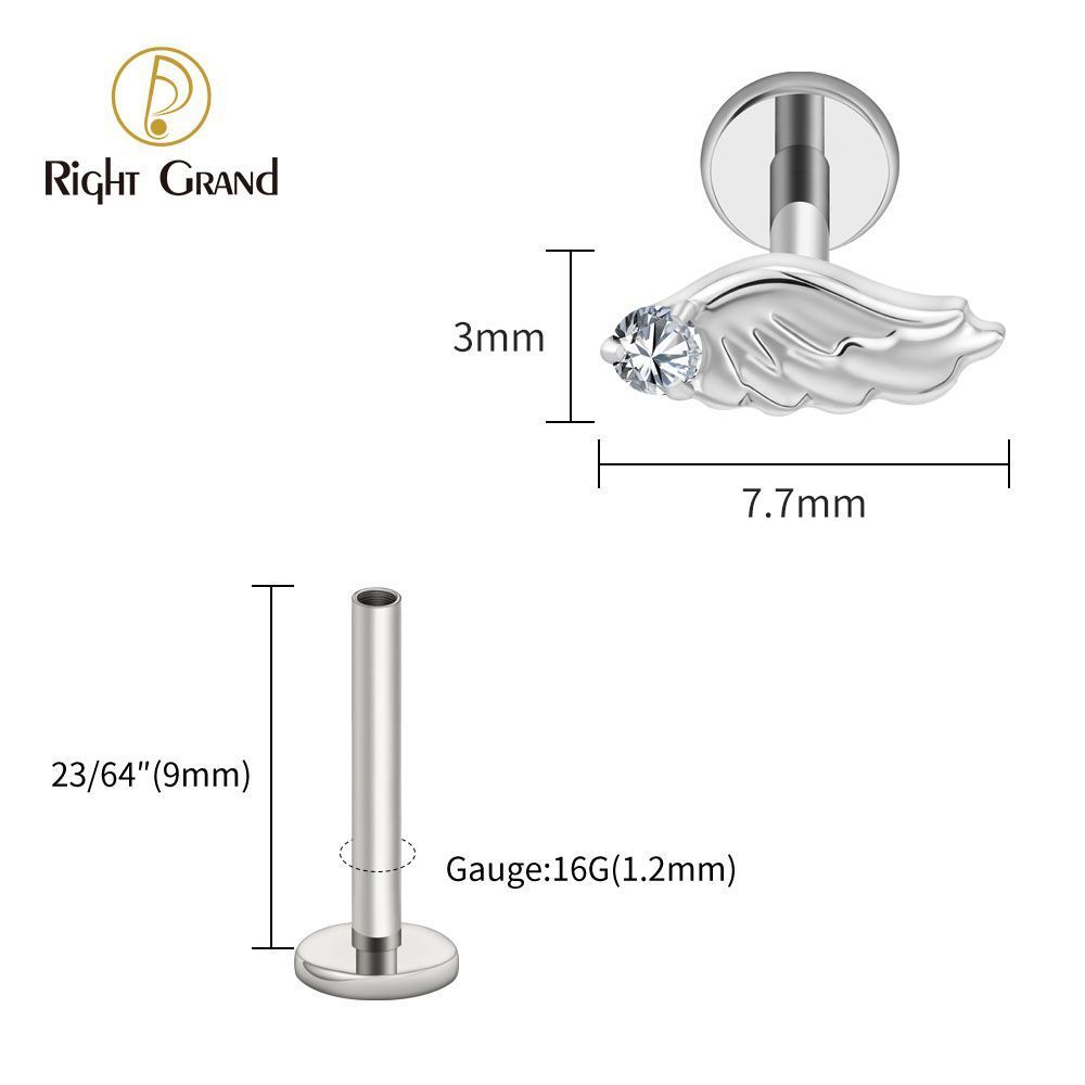 Right Grand Titanium Internal Thread CZ Wing Labret Ring 16G Flat Back Cartilage Stud Earring Conch Helix Lip Piercing Jewelry