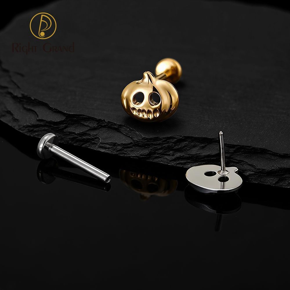 Right Grand Titanium 16G/18G Threadless Push Pin Halloween Pumpkin Ghost Punk Labret Ring 16G Flat Back Cartilage Stud Earring Conch Helix Lip Piercing Jewelry