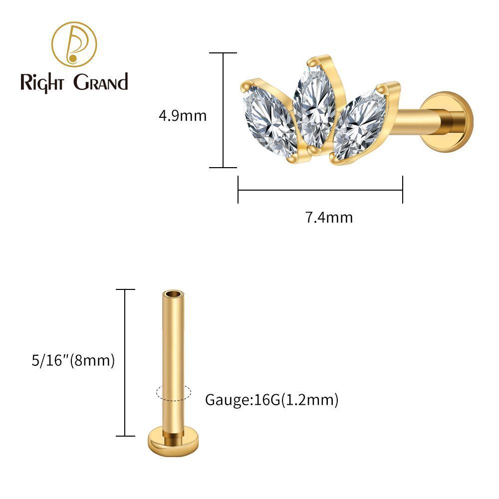 Right Grand Titanium 16G/18G Threadless Push Pin Triple Marquise CZ Stud Earring 16G Trinity Lotus Opal Cluster Cartilage Helix Tragus Piercing