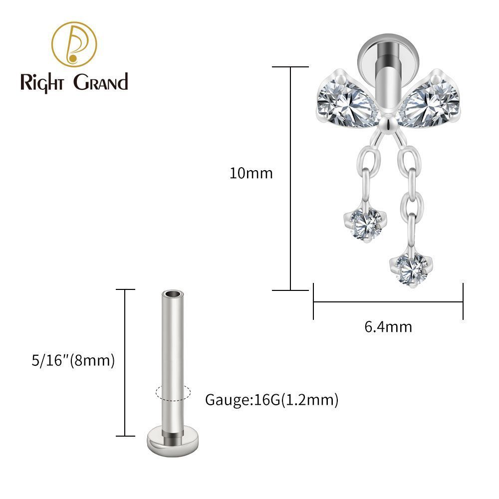 Right Grand Titanium 16G/18G Threadless Push Pin Bowknot CZ Dangle Chain Labret Ring 16G Flat Back Cartilage Stud Earring Conch Helix Lip Piercing Jewelry