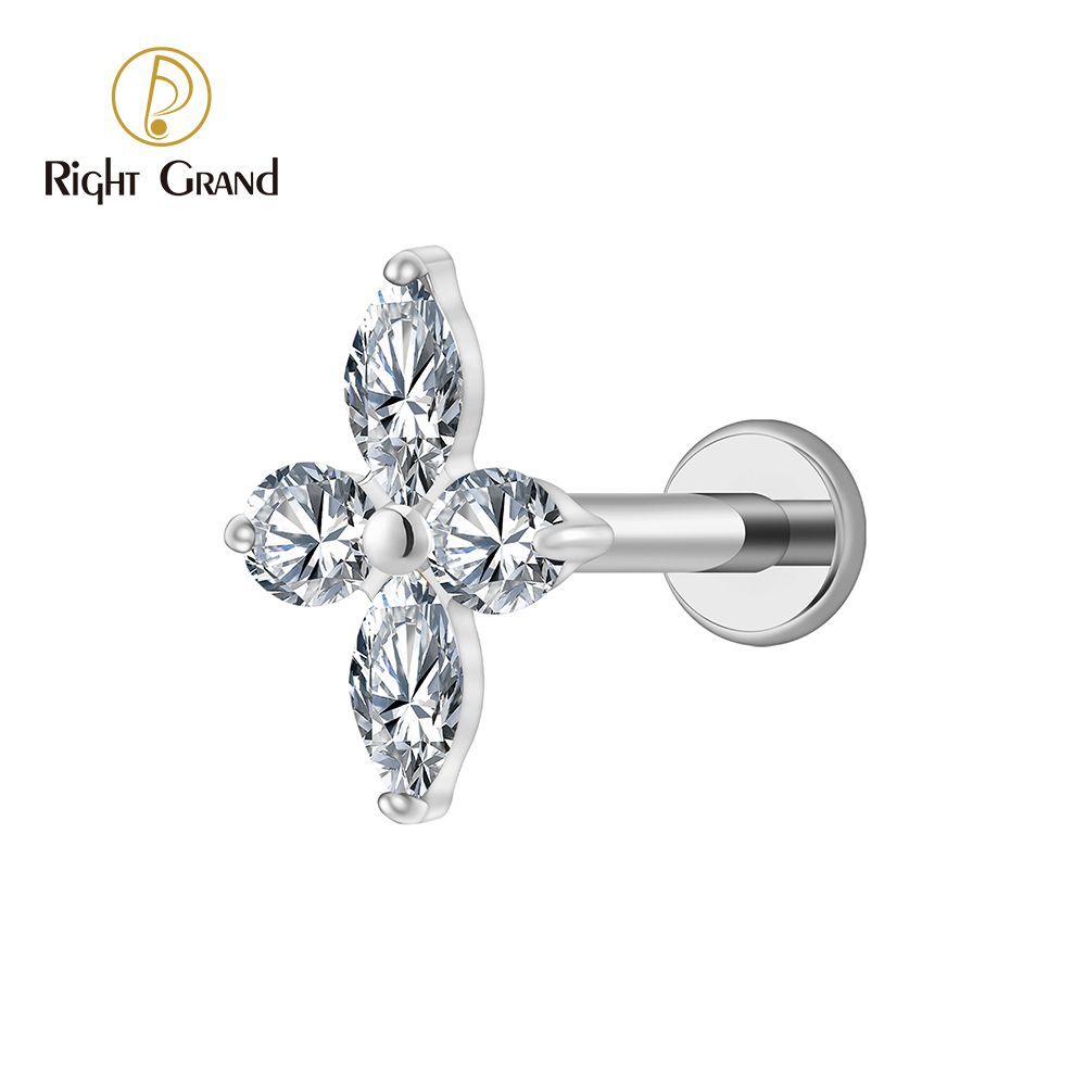 Right Grand Titanium 16G/18G Threadless Push Pin Prong Set CZ Flower Marquise Stud Earring Tragus Helix Cartilage Piercing