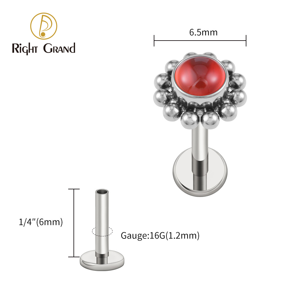 Right Grand ASTM F136 Titanium 16G Flower Labret Stud Earring with Natural Stone Helix Cartilage Tragus Conch Piercing