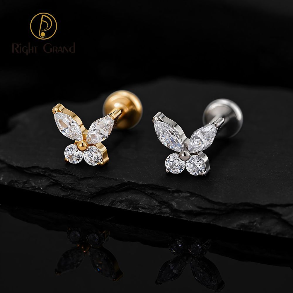 Right Grand Titanium 16G/18G Threadless Push Pin Butterfly CZ Labret Tragus Cartilage Conch Forward Helix Stud Nose Piercing