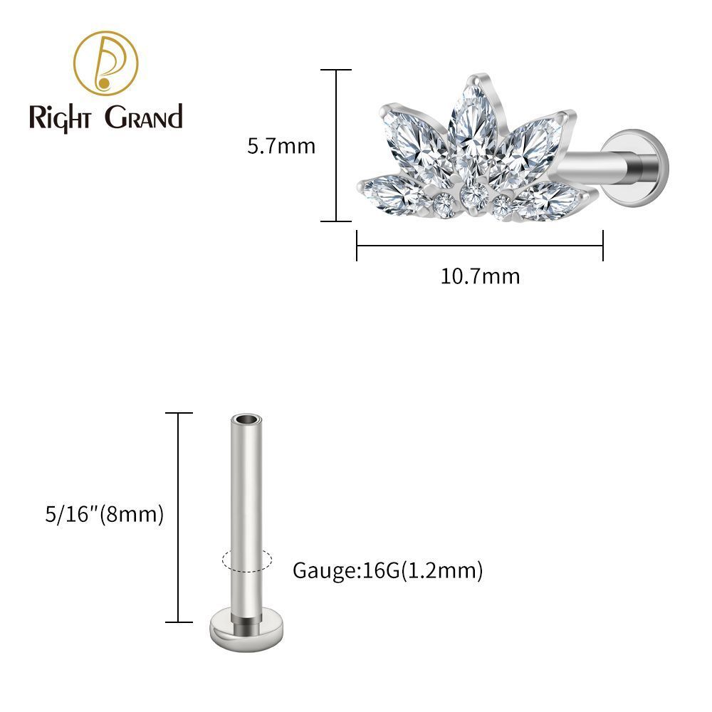 Right Grand Titanium 16G/18G Threadless Push Pin Marquise Lotus CZ Flower Flat Back Stud Labret Tragus Helix Cartilage Conch Earring Piercing