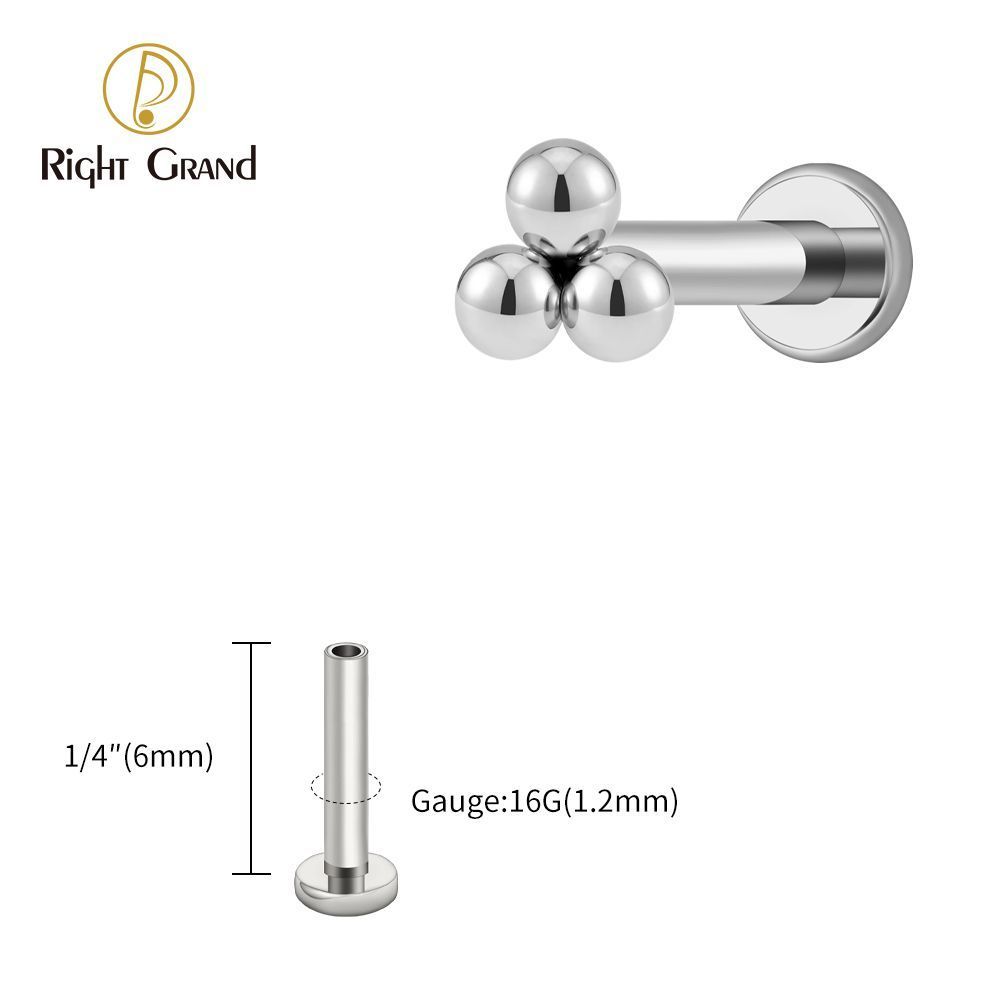 Right Grand Titanium 18G/16G Threadless Push Pin Labret Stud Trinity Beads Tragus Piercing Labret Studs