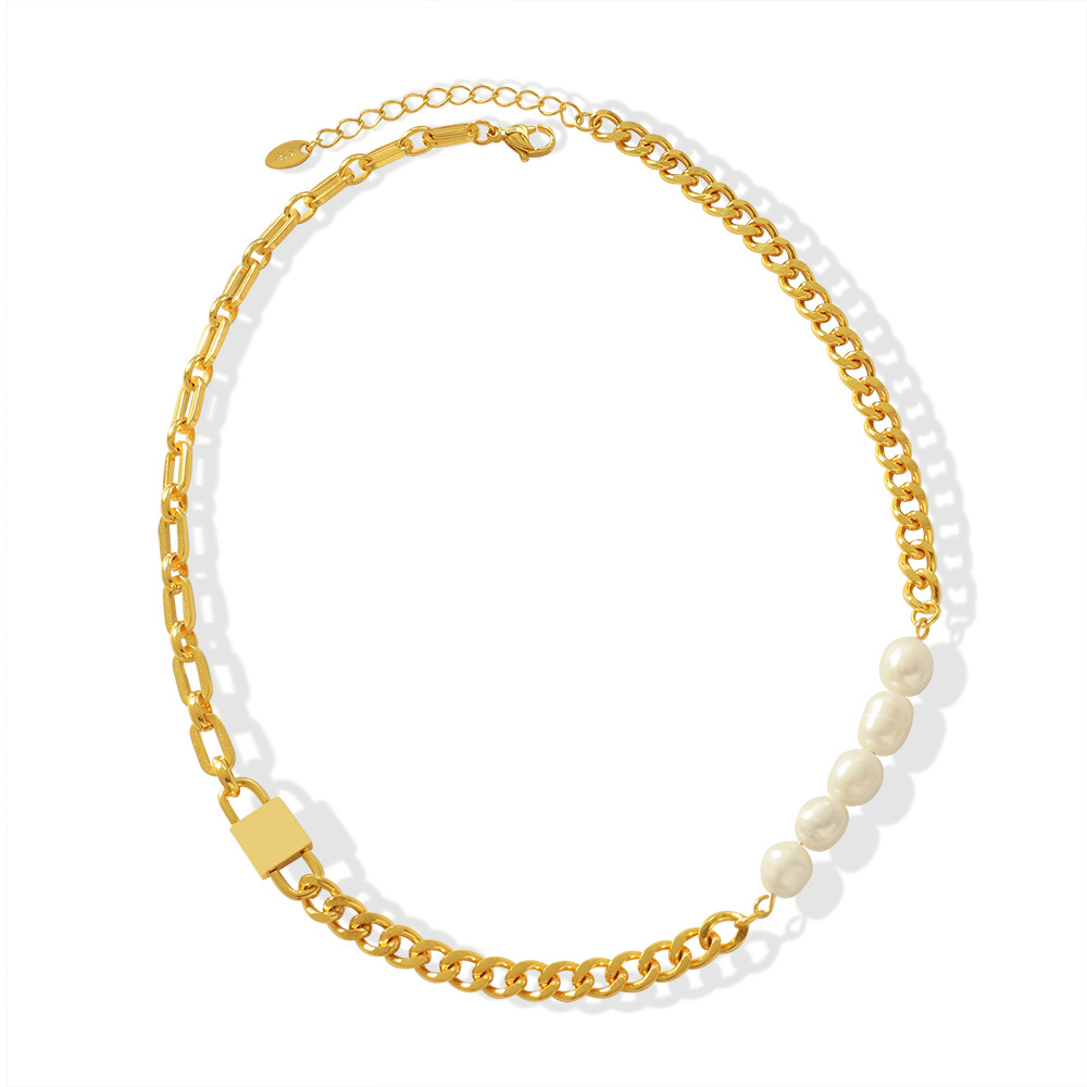 Right Grand Trendy Hip Hop Fashion 18K Gold Plated Lock Pendant Stainless Steel Women Mens Fresh Water Pearl Necklace With Cuban