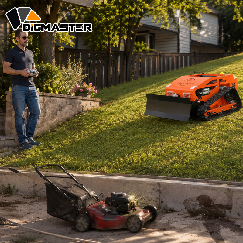 2 in 1 RC Tracked Lawn Mower with Front Shovel Gasoline Hybrid Remote Control  Clearing Machine