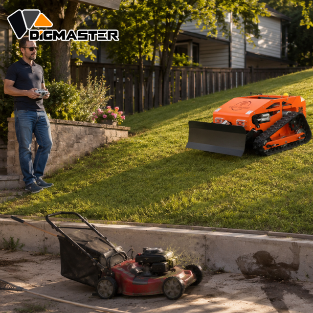 2 in 1 RC Tracked Lawn Mower with Front Shovel Gasoline Hybrid Remote Control  Clearing Machine