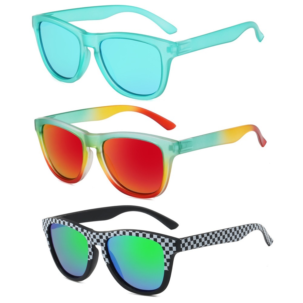Square full-rim sunglasses in clear turquoise, rainbow green with red lenses, and black-and-white checkered frames with green mirrored lenses