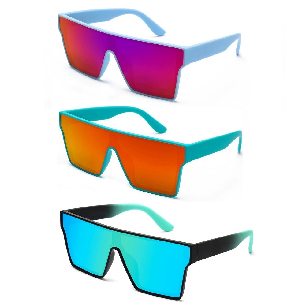 Three flat-top one-piece shield sunglasses with blue, turquoise and black frames and mirrored lenses
