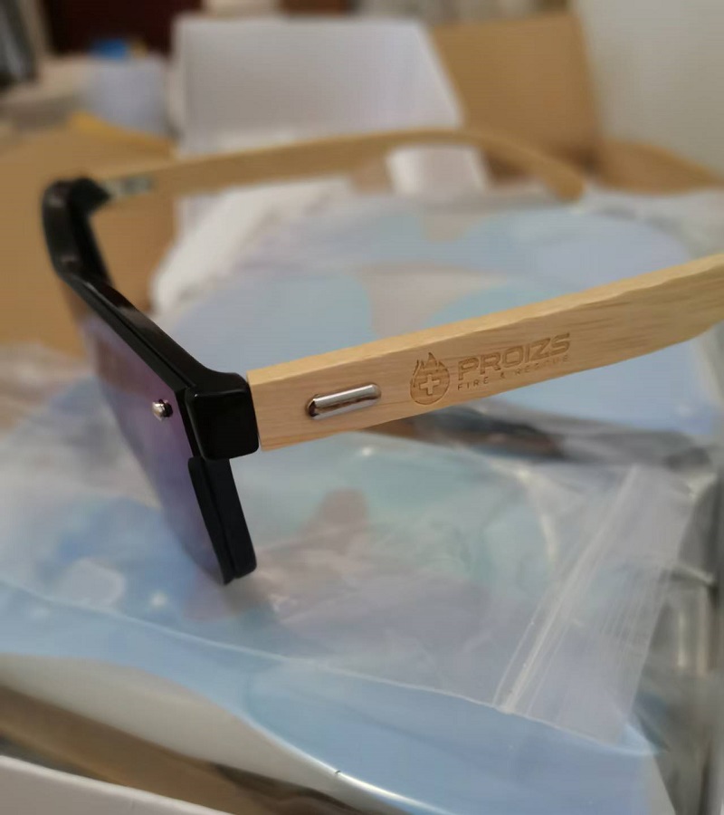 Laser engraved logo on wooden sunglasses temple