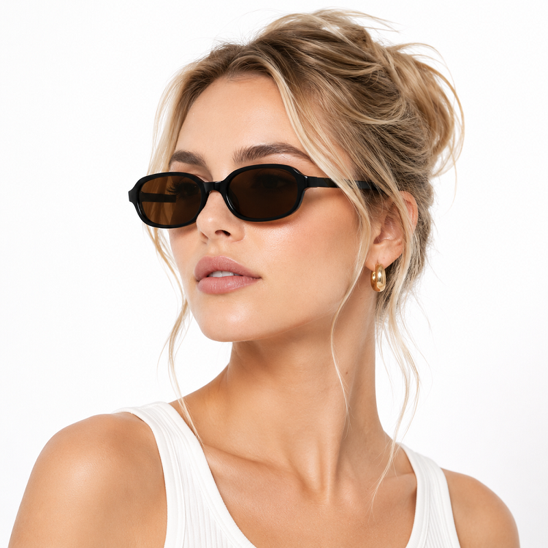 Black small-frame full-rim rectangle sunglasses with dark brown lenses