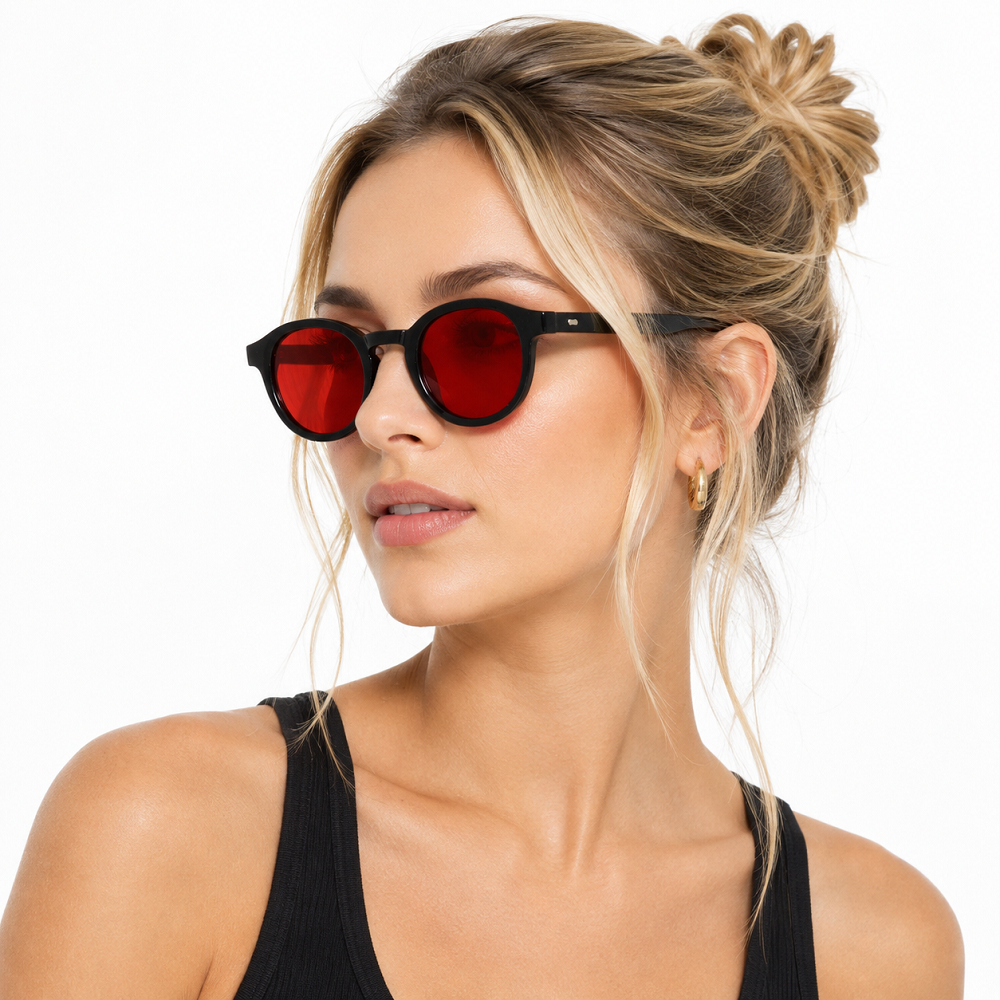 Black full-rim square glasses with bright red lenses