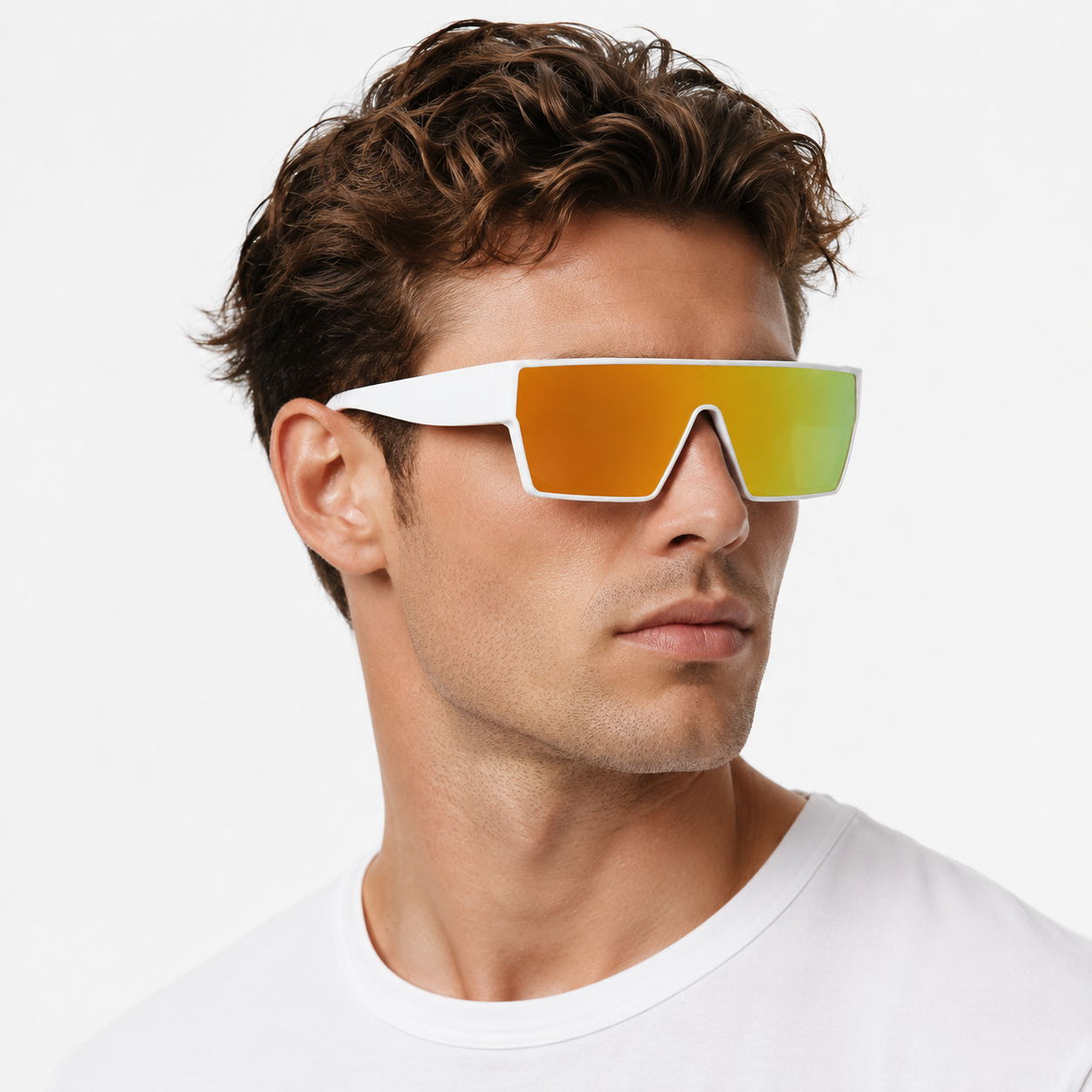 White oversized square shield sunglasses with a flat-top one-piece mirrored orange lens