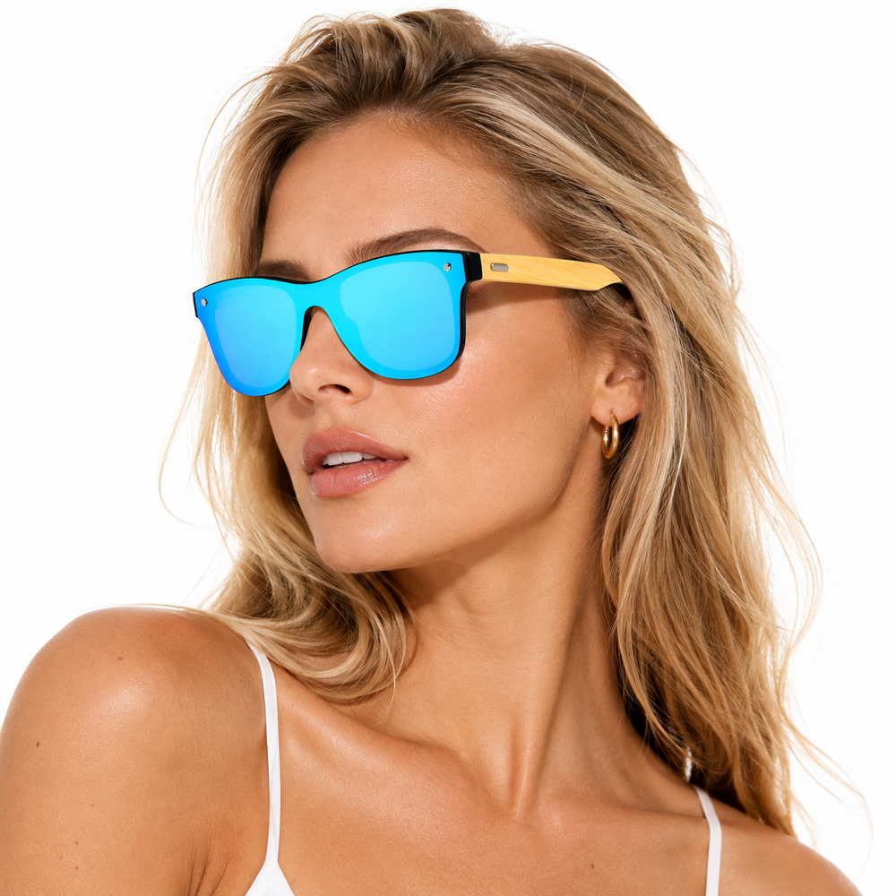 Black square sunglasses with light wood temples and ice blue mirrored lenses worn by a model
