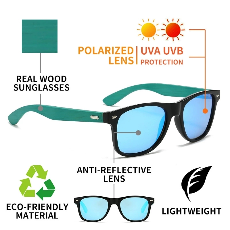 Retro Square Polarized Sunglasses with Wood Temples