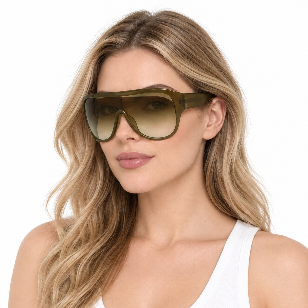 Oversized olive green shield sunglasses with a one-piece tinted lens and broad wraparound-style front