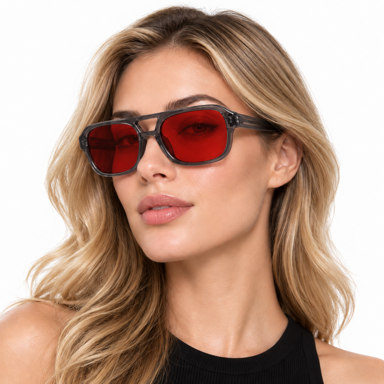 Gray full-rim square sunglasses with a double bridge and red tinted lenses