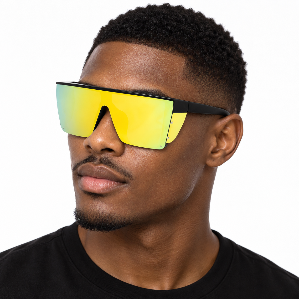 Black flat-top square shield safety sunglasses with a yellow mirrored one-piece lens
