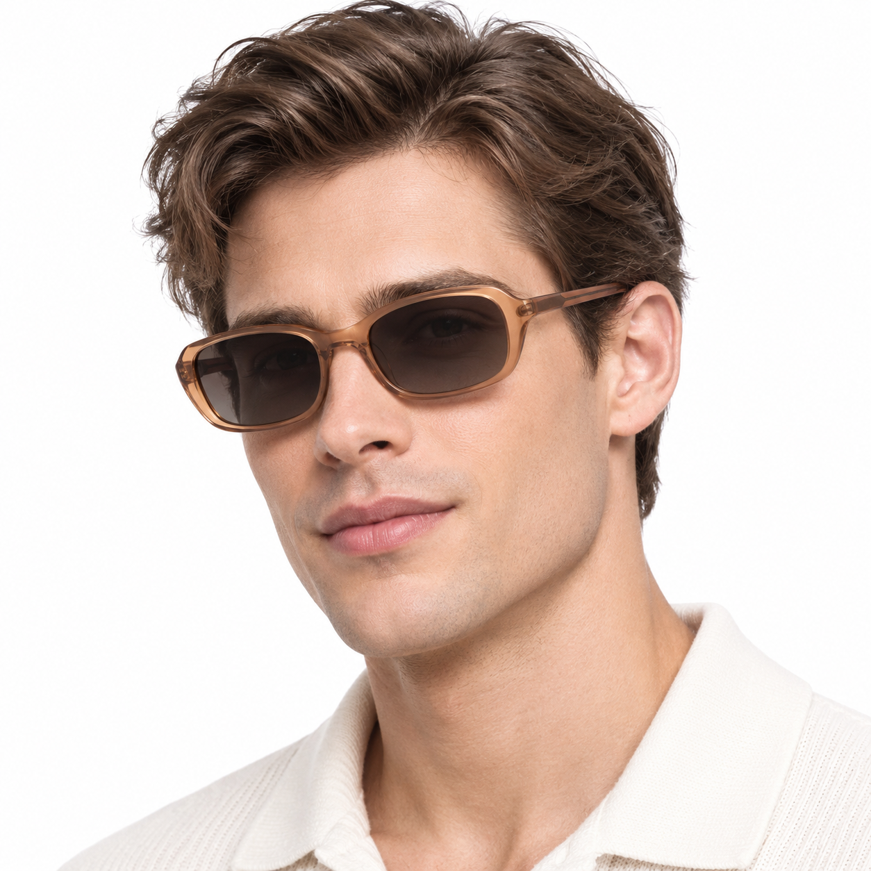 Model wearing transparent brown full-rim rectangle sunglasses with brown-gray tinted lenses