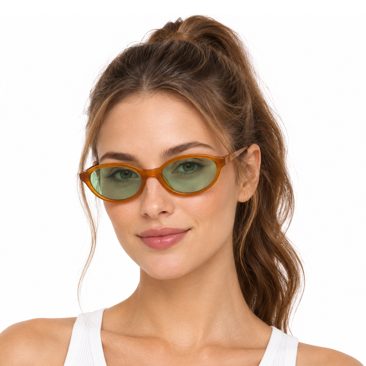 Small-frame oval acetate sunglasses with a translucent brown frame and green tinted lenses