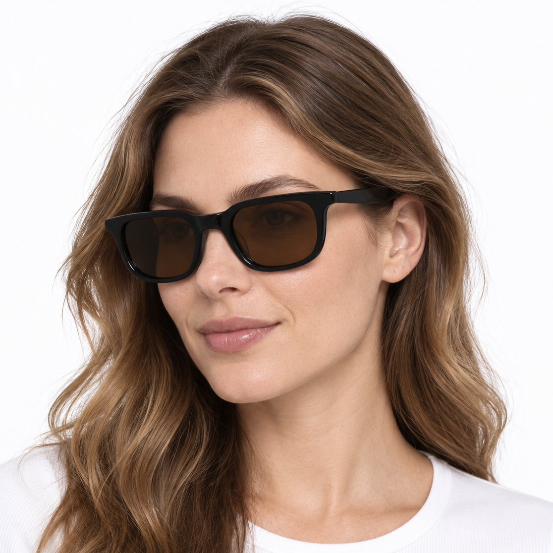 Black full-rim small-frame sunglasses with brown rectangular lenses and acetate-style frame