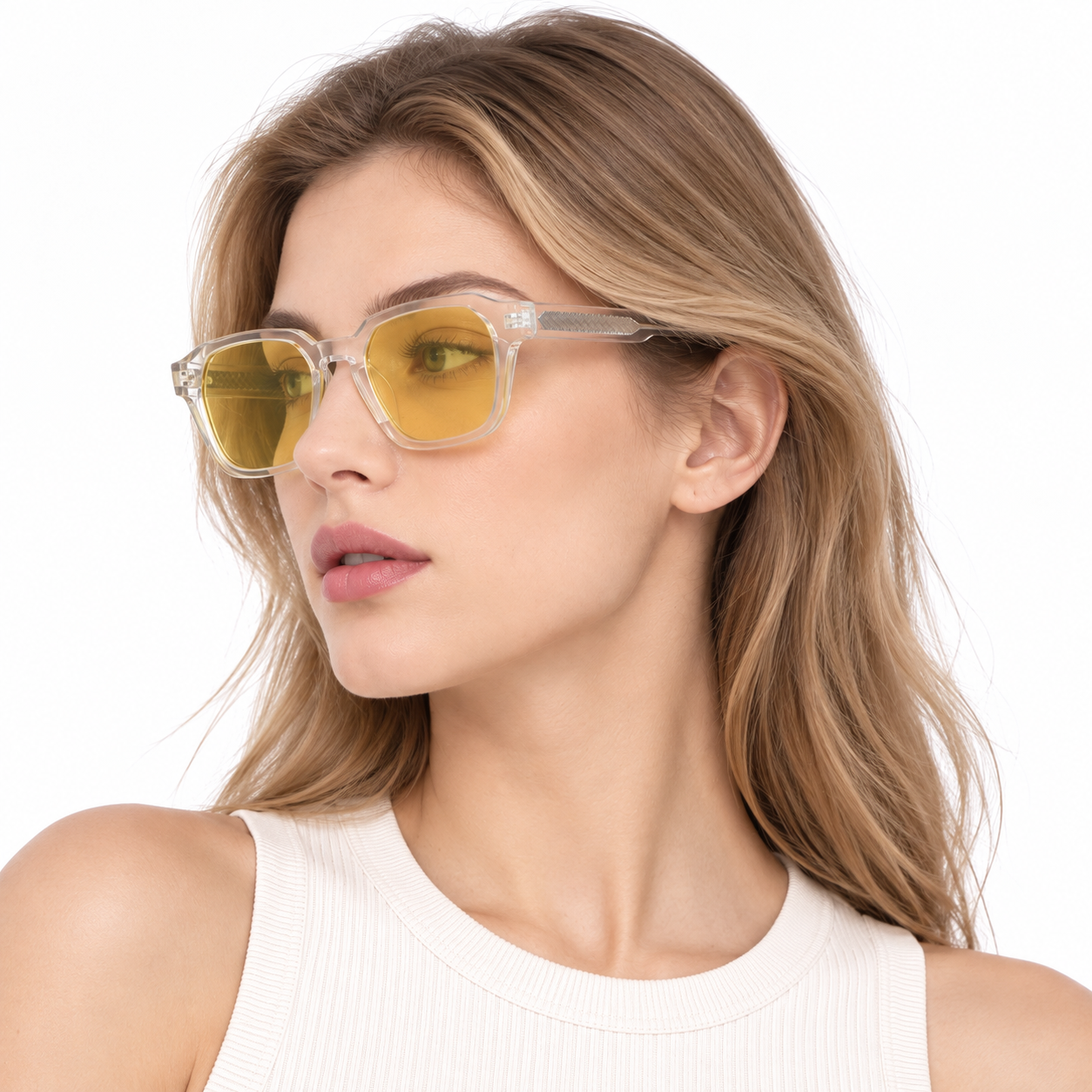 Clear full-rim square glasses with yellow tinted lenses