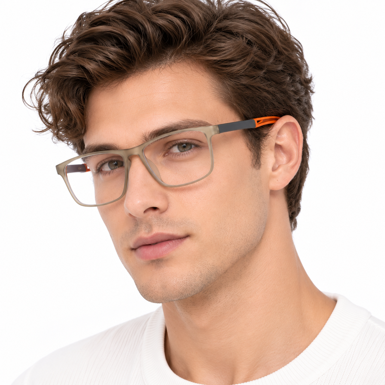 Male model wearing rectangular blue light blocking reading glasses with orange temples