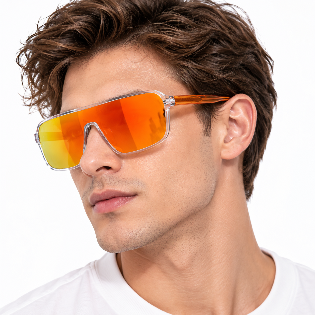 Clear-frame oversized flat-top cycling sunglasses with an orange mirrored one-piece lens